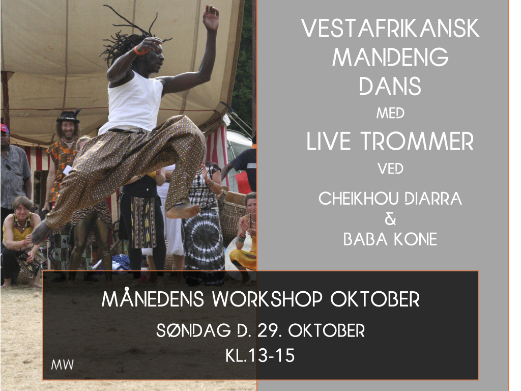 Cheikhou Diarra og Baba Kone giver en månedens workshop i afrikansk mandeng dans med trommer på Dansestudiet Aarhus